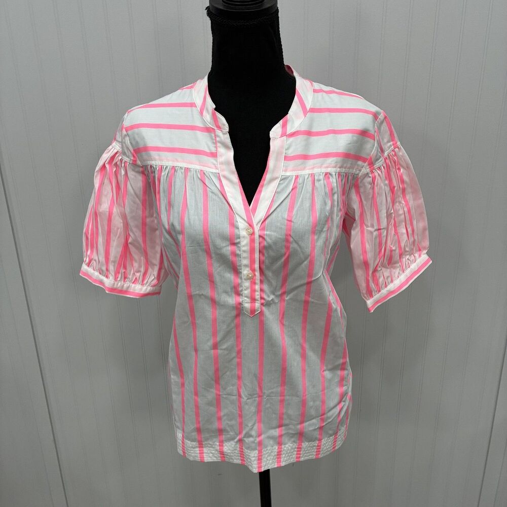 Vilagallo Blouse Women Size 42 L/XL White Hot Pink Striped Short Puff Sleeve Top